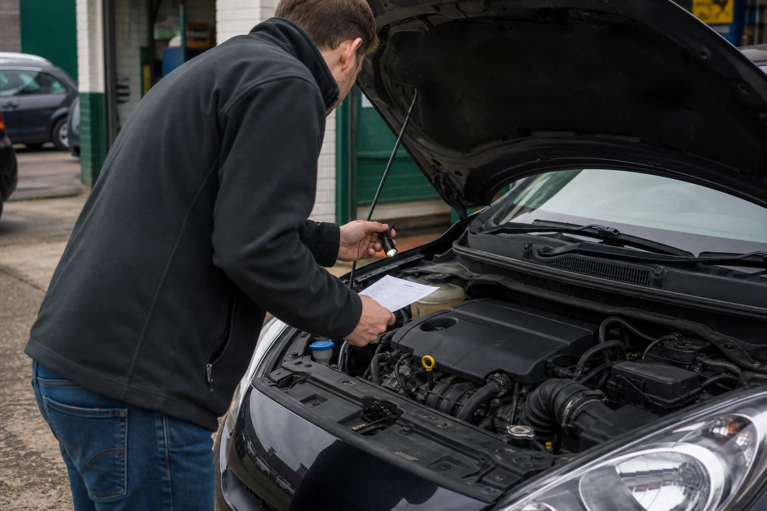 A buyer checking a used car engine with a torch and checklist