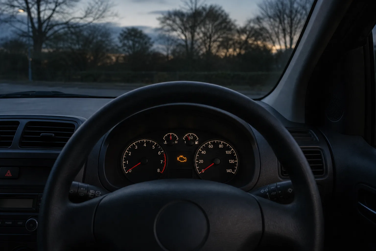 An unbranded right-hand-drive dashboard with an amber warning light