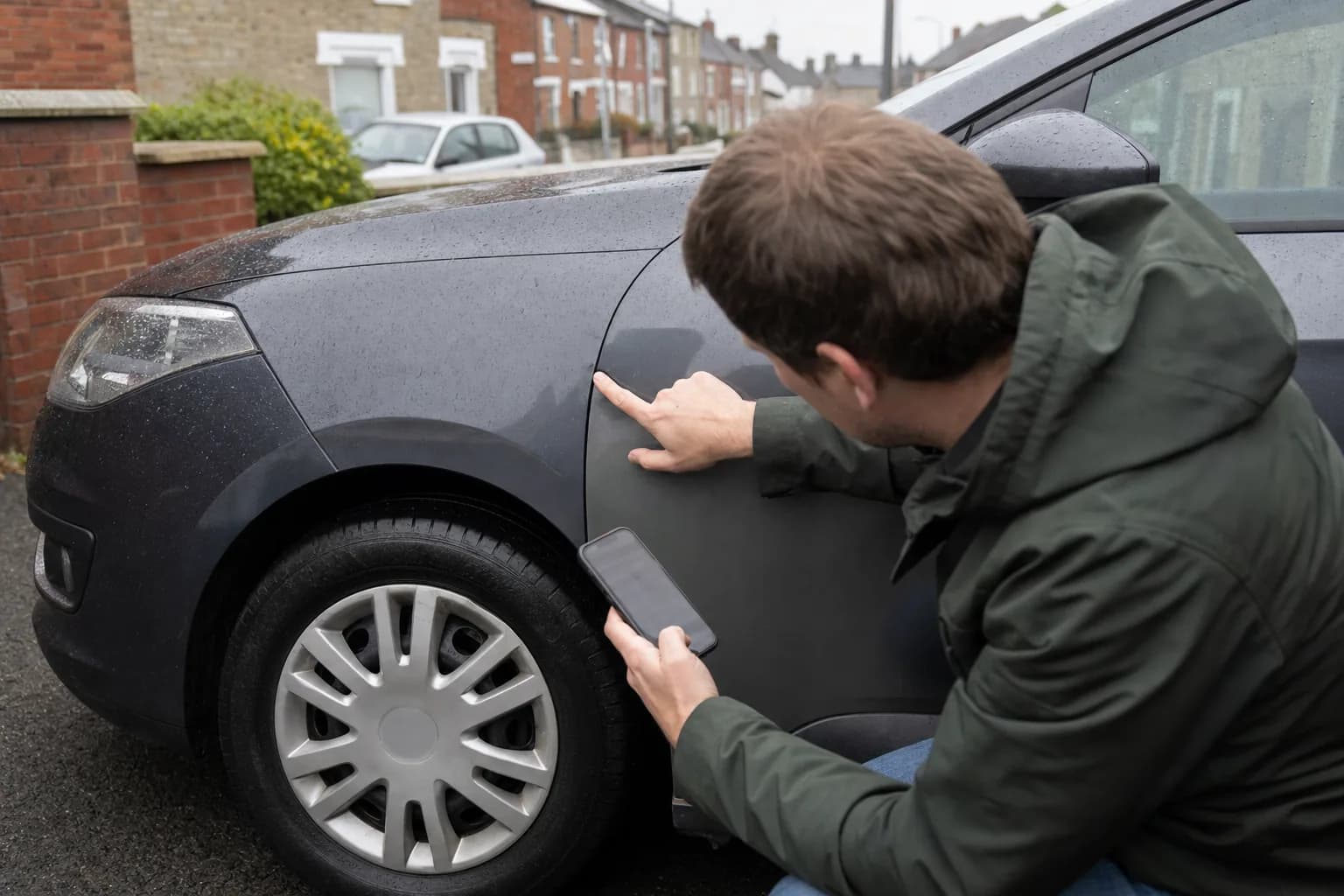 A used-car buyer comparing an advert with a suspicious body-panel gap