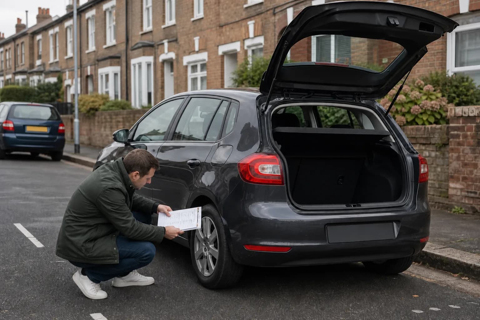 A buyer checking a used hatchback tyre and boot area with a paper checklist on a British street