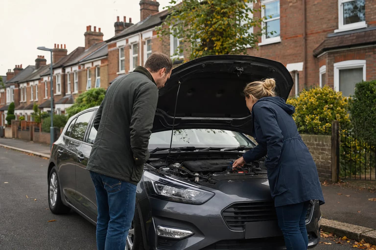 Two used-car buyers inspecting an open engine bay on a British street