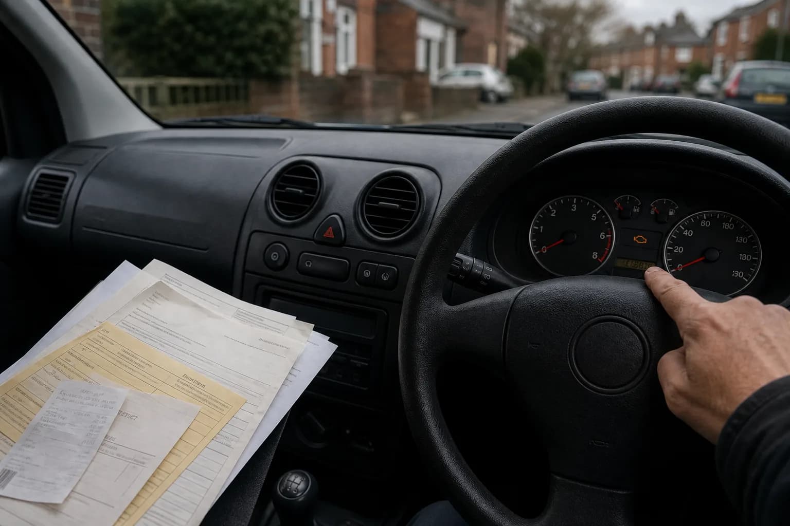 A buyer comparing used-car mileage with MOT and service records inside a right-hand-drive car