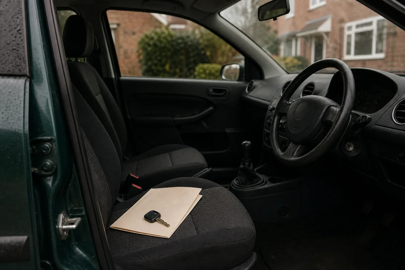 An unbranded car key and blank sales document on a passenger seat